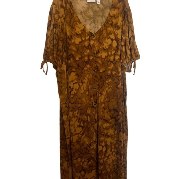 Susan Graver Golden Brown Abstract Printed Liquid Knit Elbow Sleeve Dress Sz 4X - Picture 2 of 12